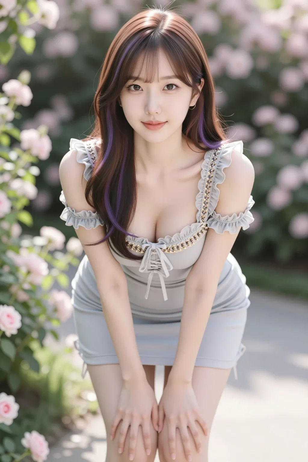 Adult woman in a pale dress in a flower garden